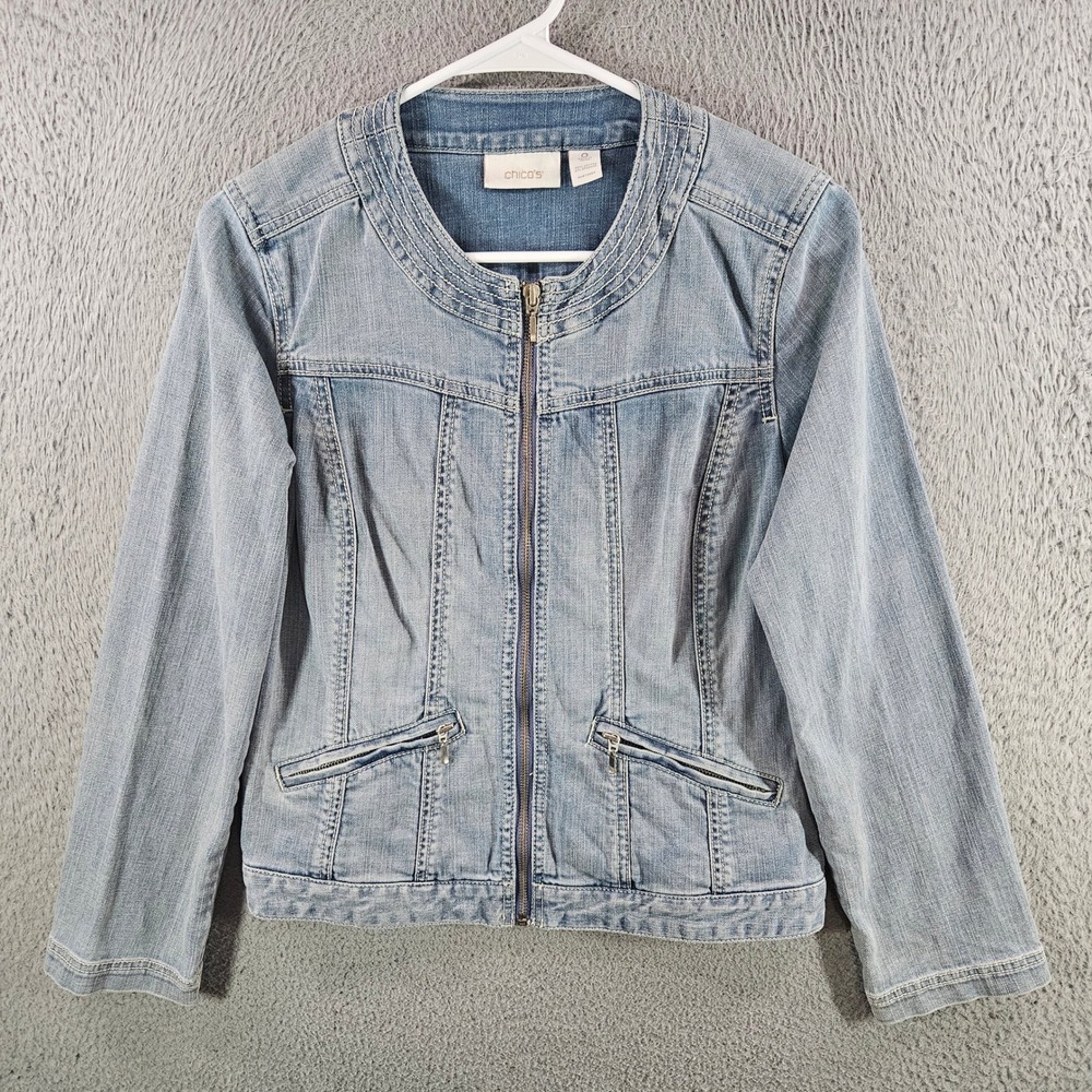 Chico's Women Denim Jacket Light Wash Blue Zip Front Collarless Size 0